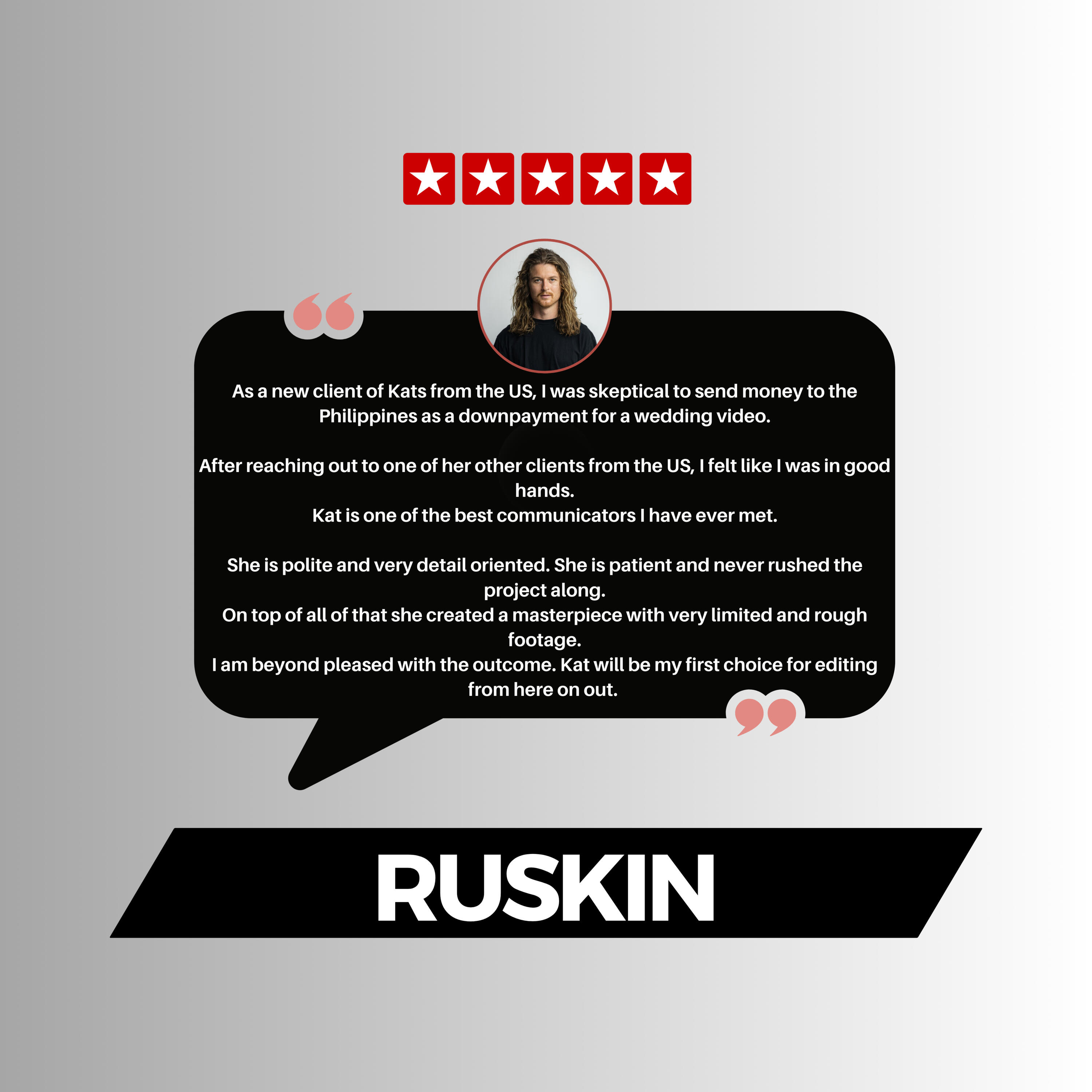 Testimonial from a USA wedding videographer about trusting Cinematically Edit for outsourced wedding video editing