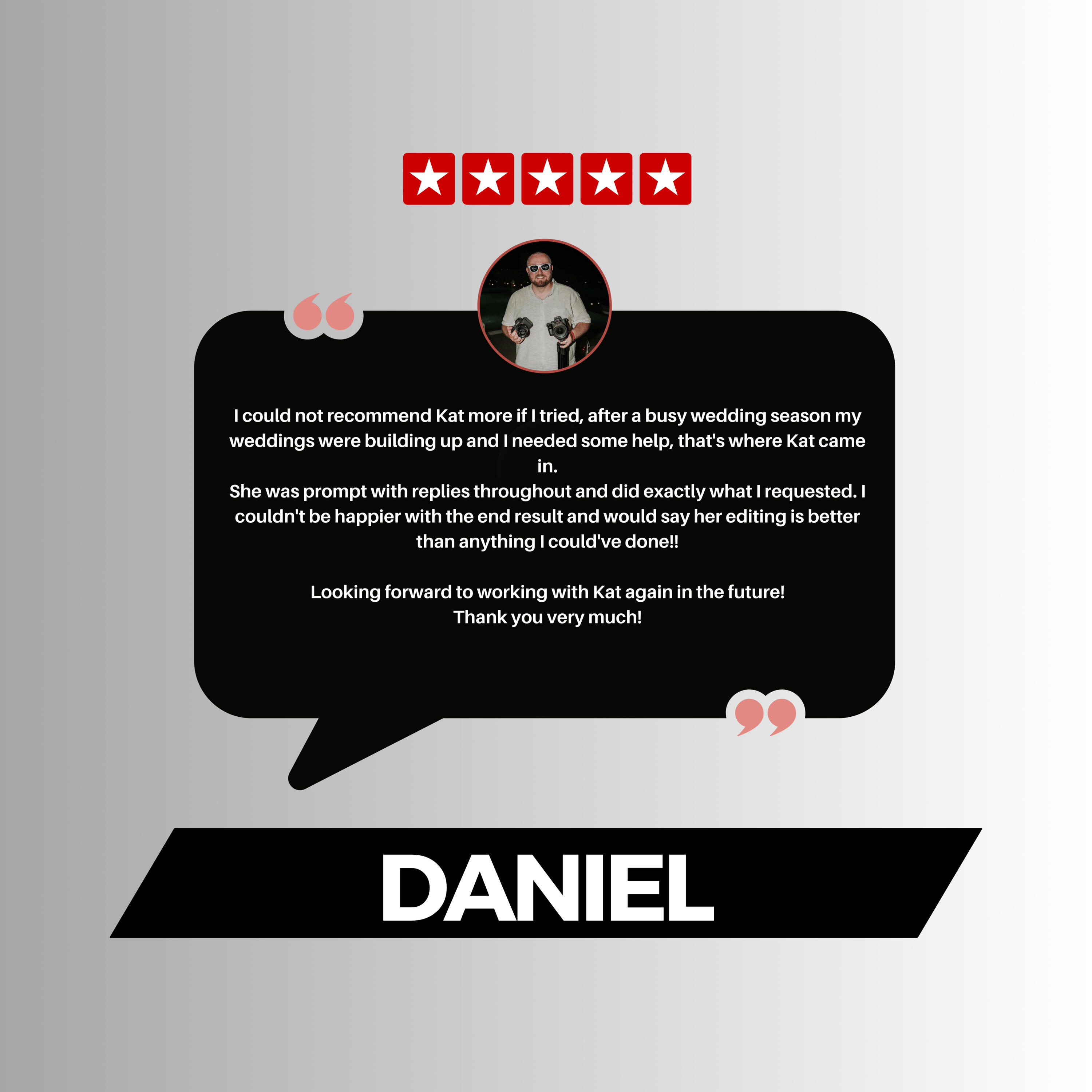 Written testimonial from wedding videographer Daniel Johnson about outsourcing wedding video editing to Cinematically Edit